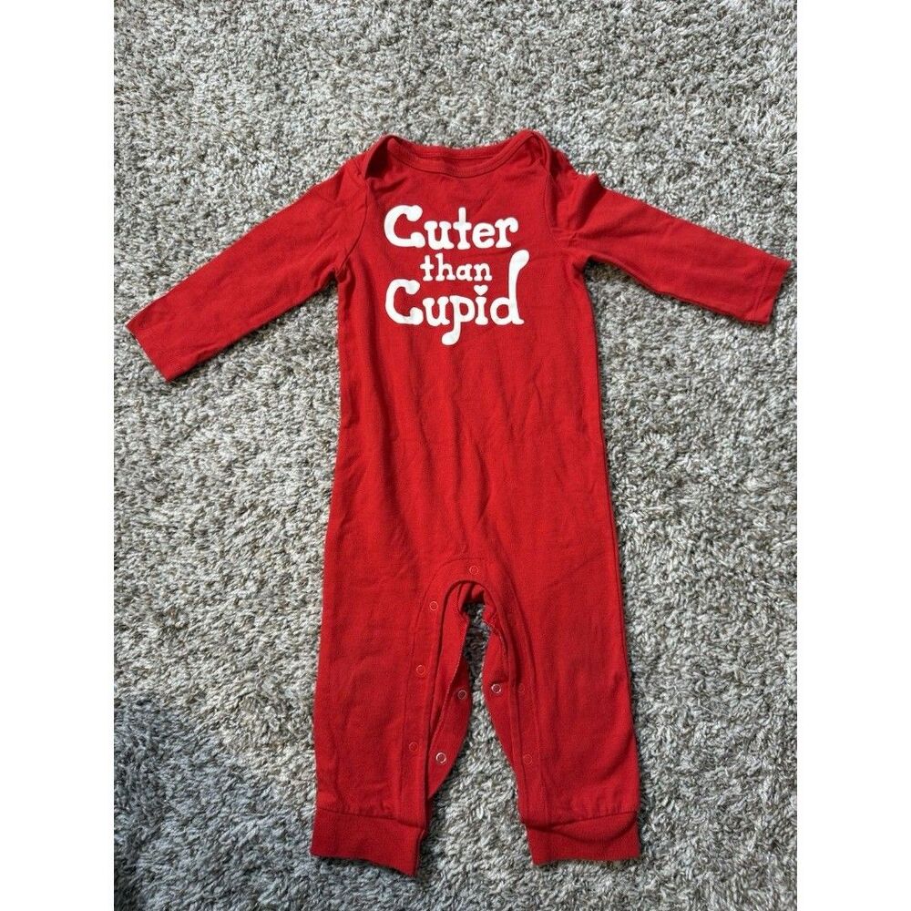 Cat & Jack Baby Valentine Romper “Cuter Than Cupid” Red 12M Long Sleeve